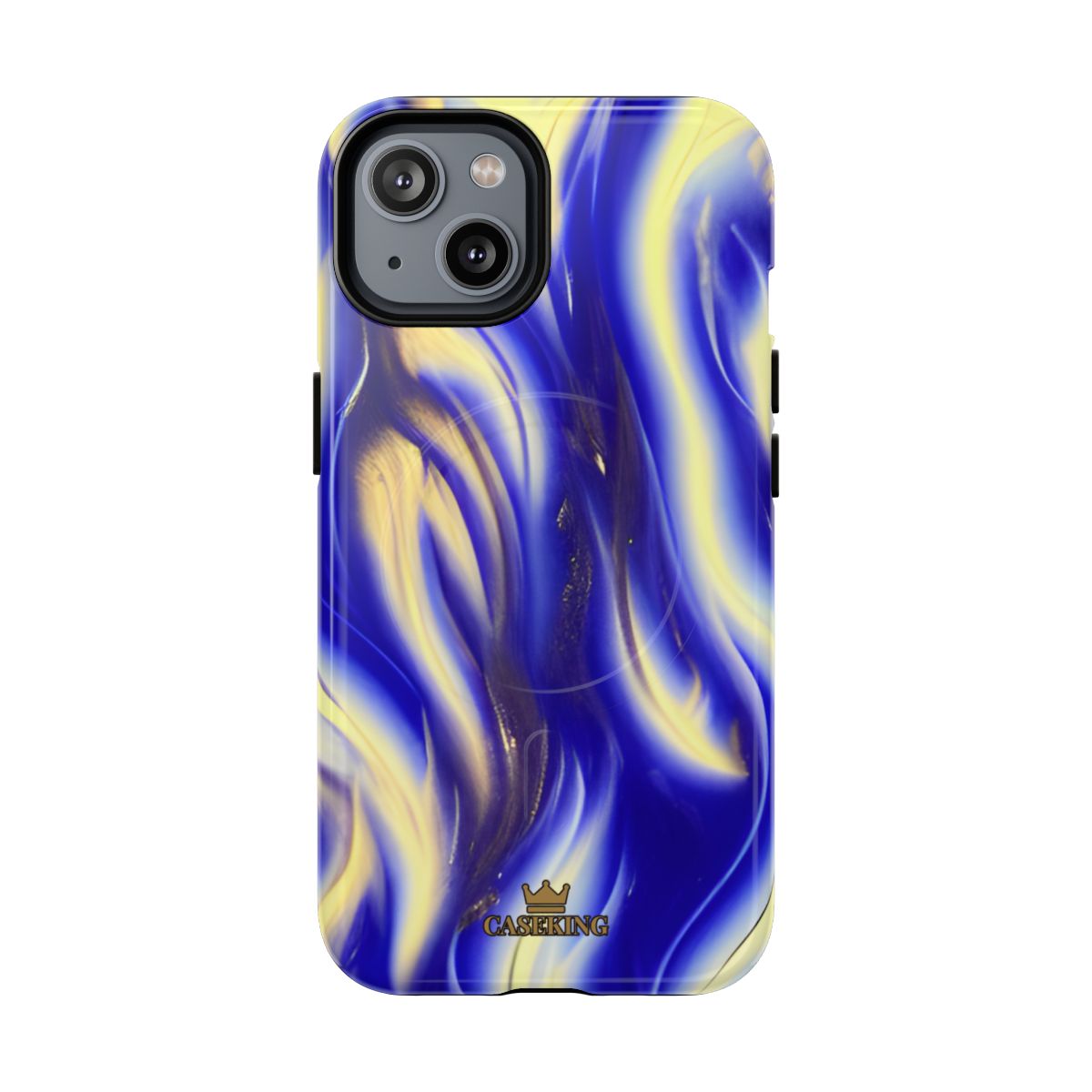 Royal Blue Swirl MagSafe-compatible tough case on iPhone 14, glossy finish