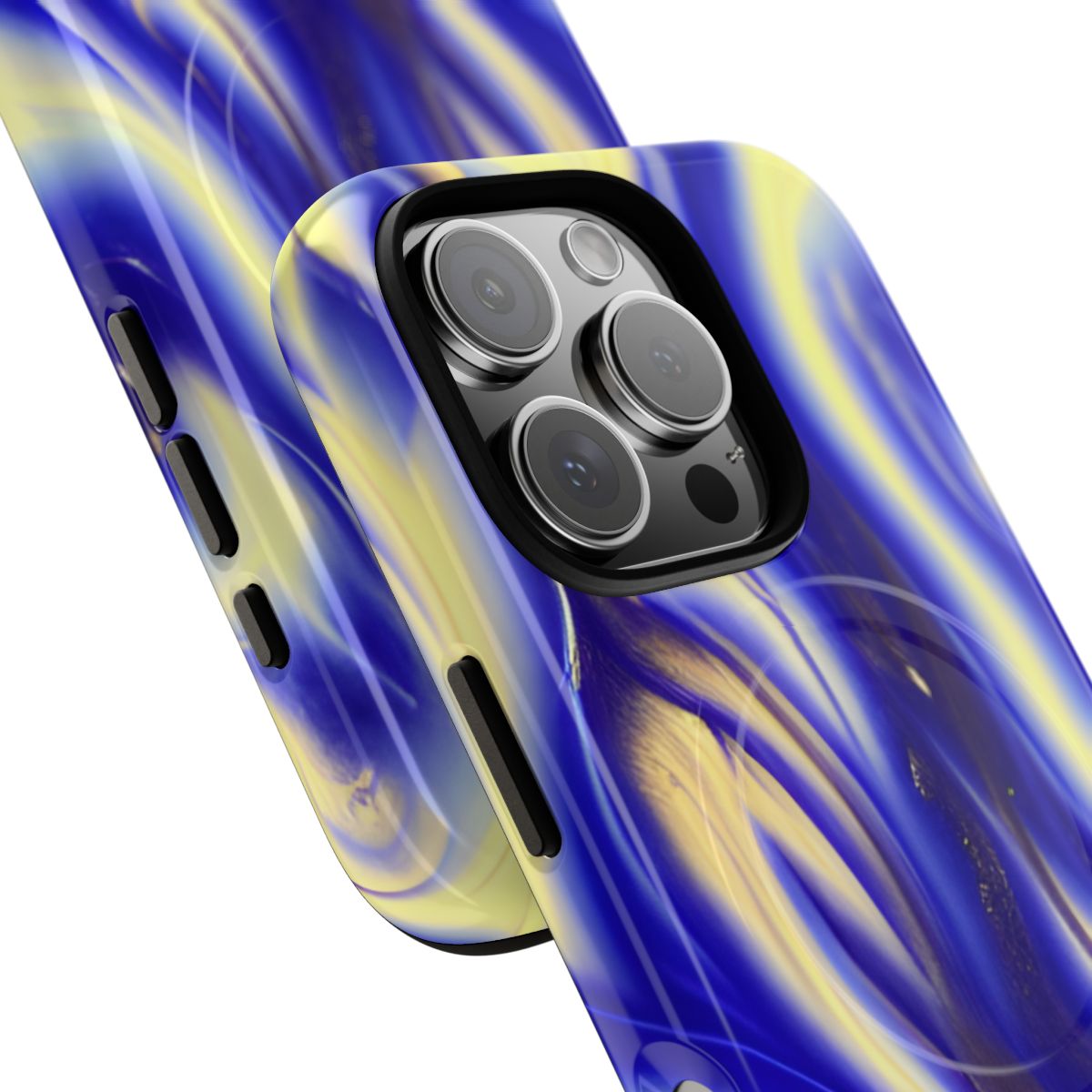 Royal Blue Swirl MagSafe-compatible tough case on iPhone 16 Pro, glossy finish (close-up)