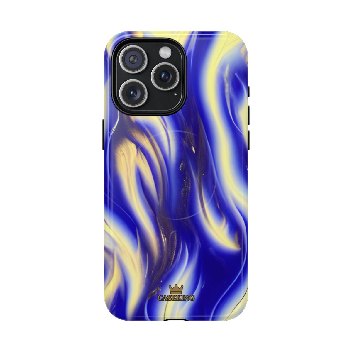 Royal Blue Swirl MagSafe-compatible tough case on iPhone 15 Pro Max, glossy finish