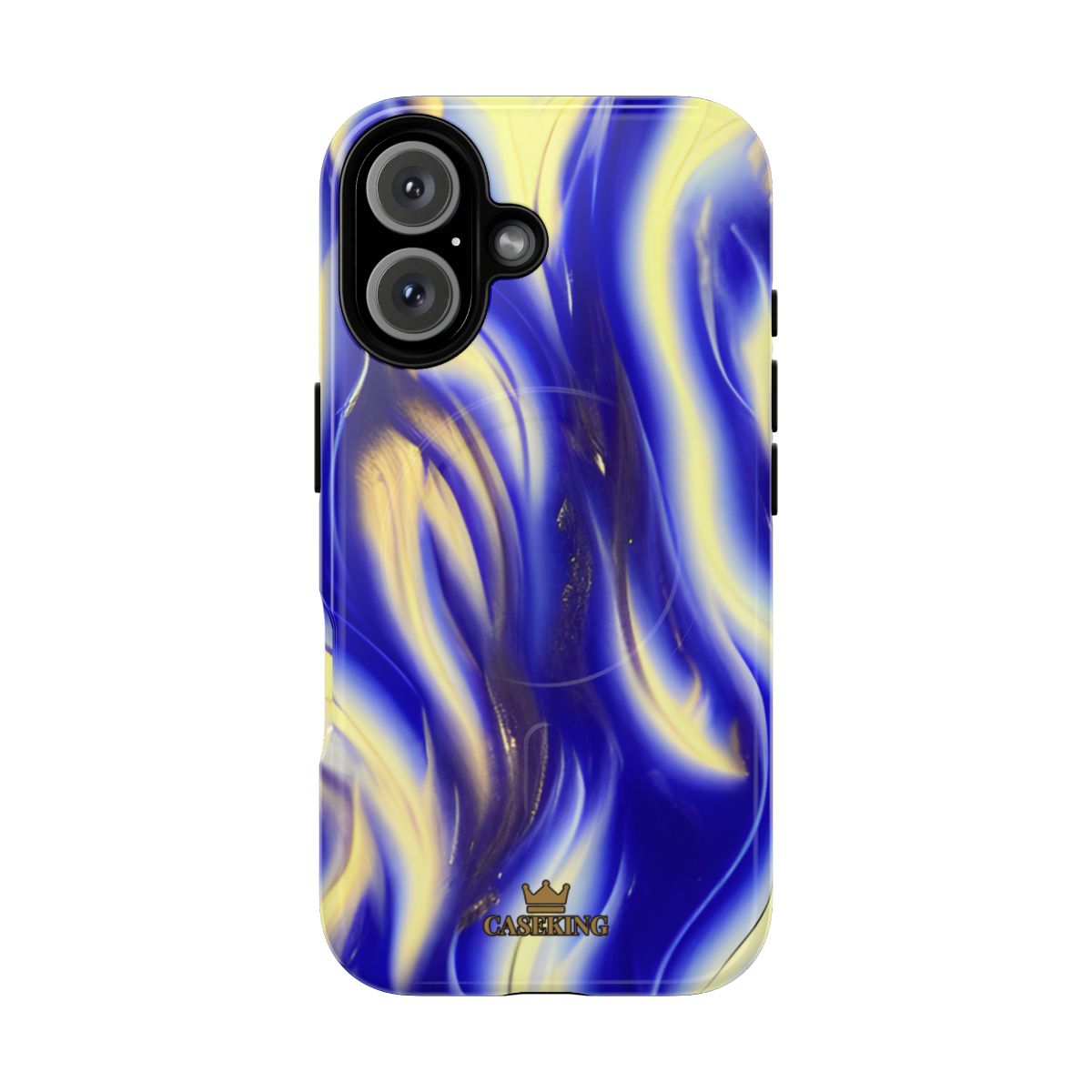 Royal Blue Swirl MagSafe-compatible tough case on iPhone 16, glossy finish