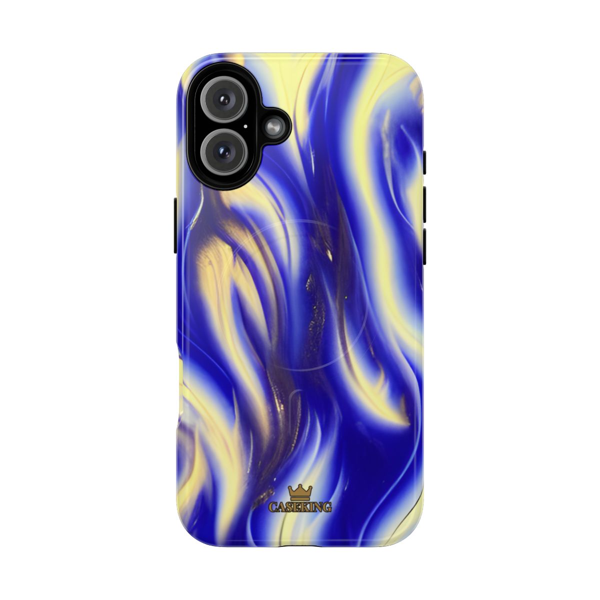 Royal Blue Swirl MagSafe-compatible tough case on iPhone 16 Plus, glossy finish