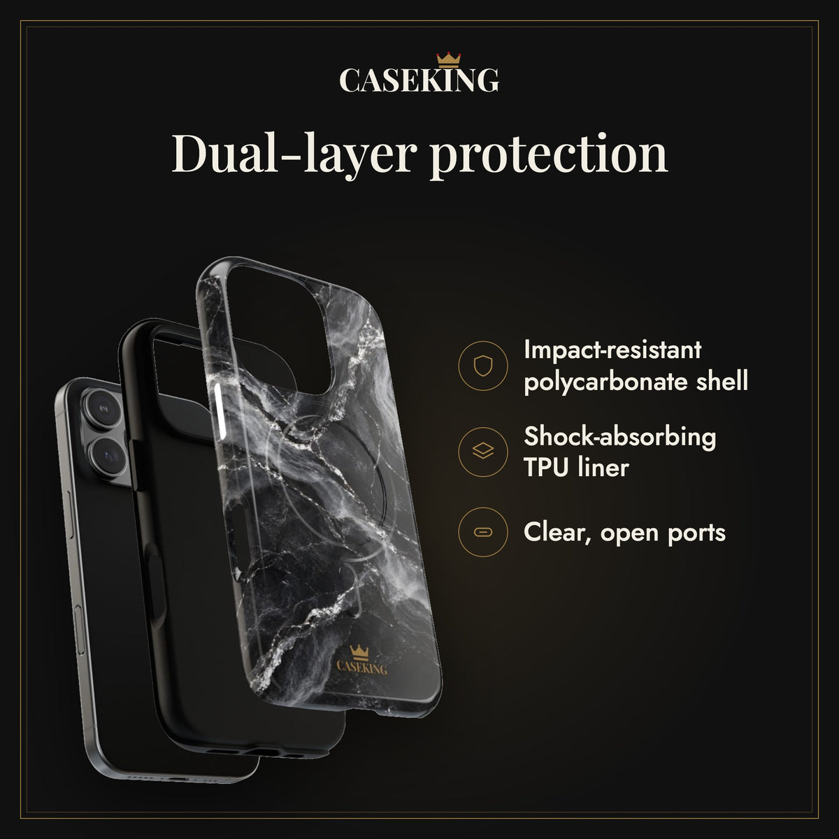 Silver Stone MagSafe-compatible tough case infographic 3: Dual-layer protection