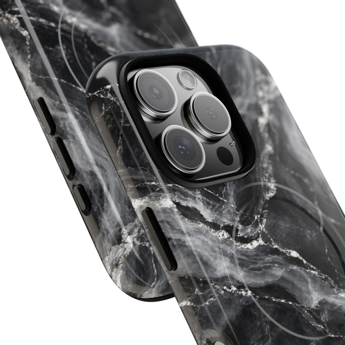 Silver Stone MagSafe-compatible tough case on iPhone 16 Pro, glossy finish (close-up)