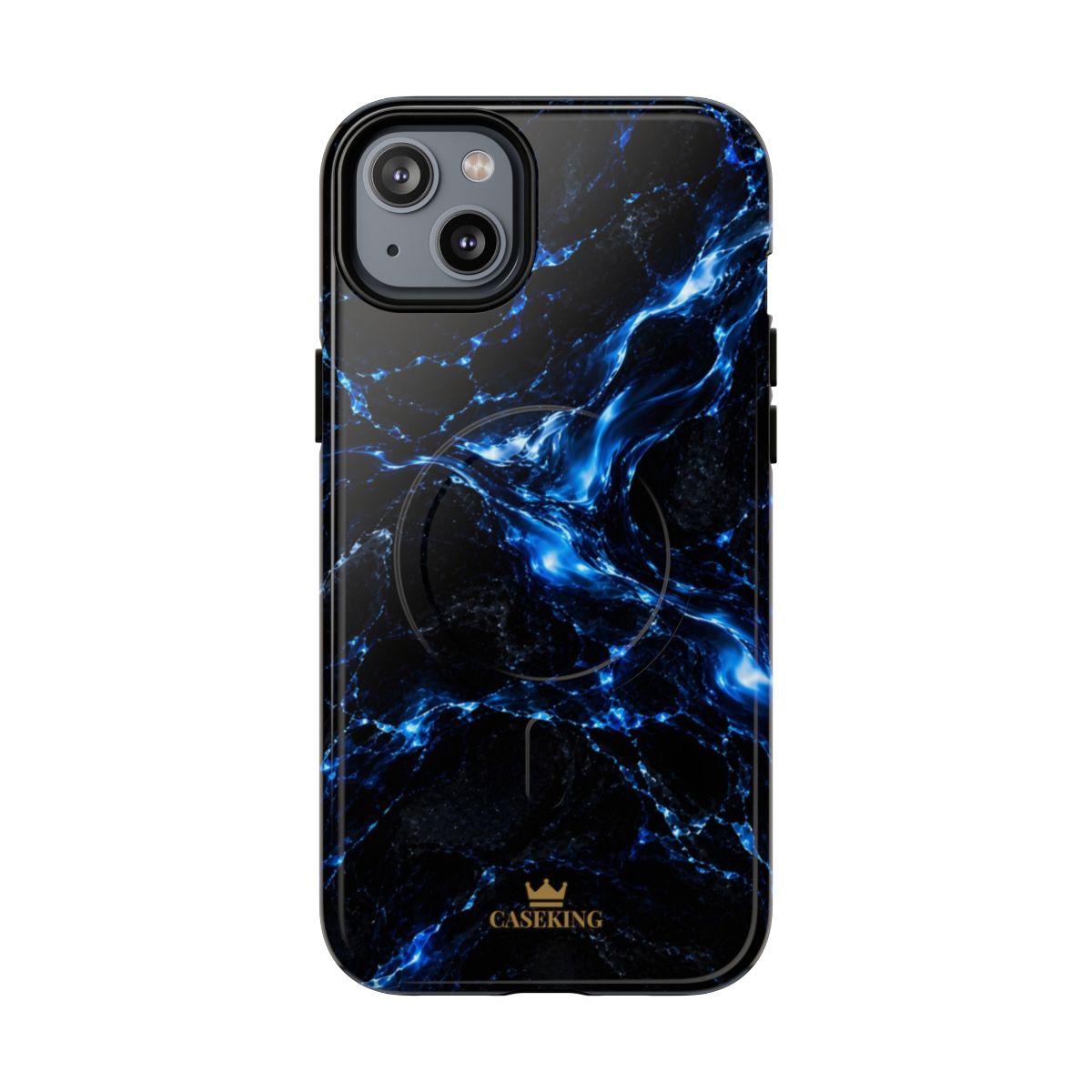 Solar Blue MagSafe-compatible tough case on iPhone 14 Plus, glossy finish