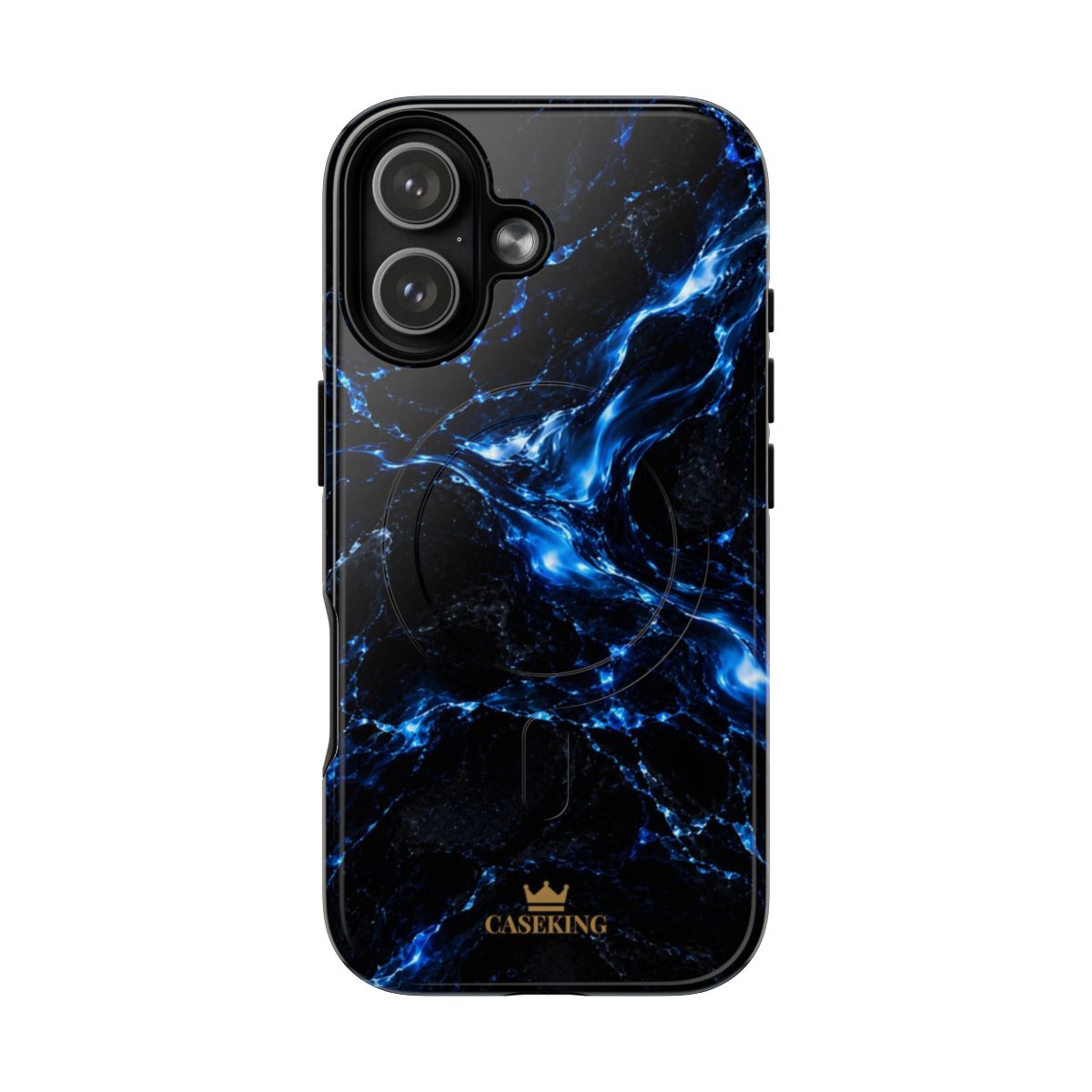 Solar Blue MagSafe-compatible tough case on iPhone 17, glossy finish