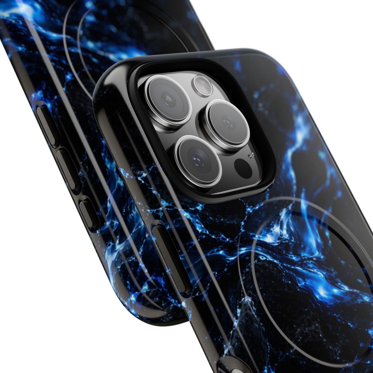 Solar Blue MagSafe-compatible tough case on iPhone 16 Pro, glossy finish (close-up)