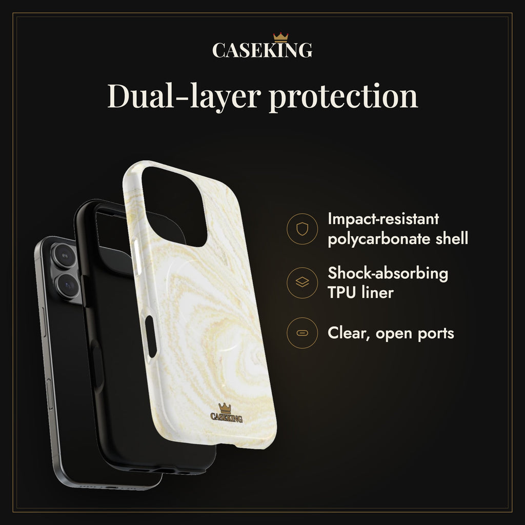 White & Gold Marble MagSafe-compatible tough case infographic 3: Dual-layer protection