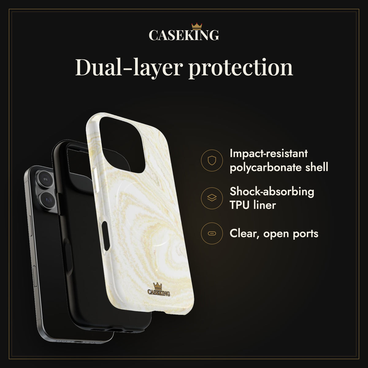 White & Gold Marble MagSafe-compatible tough case infographic 3: Dual-layer protection