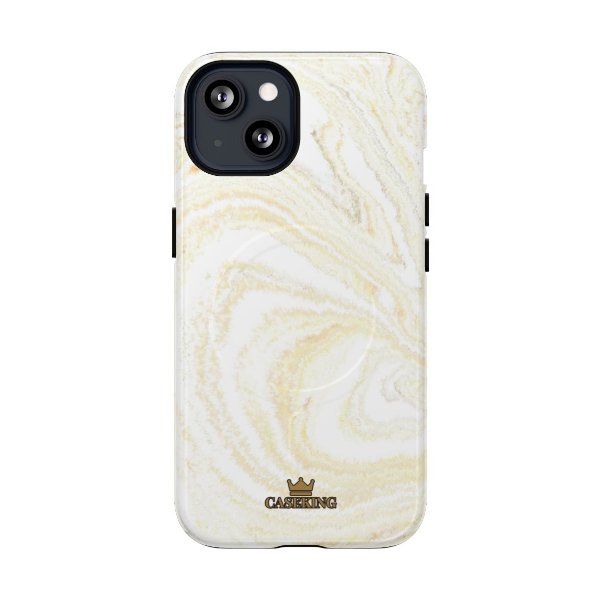 White & Gold Marble MagSafe-compatible tough case on iPhone 13, glossy finish