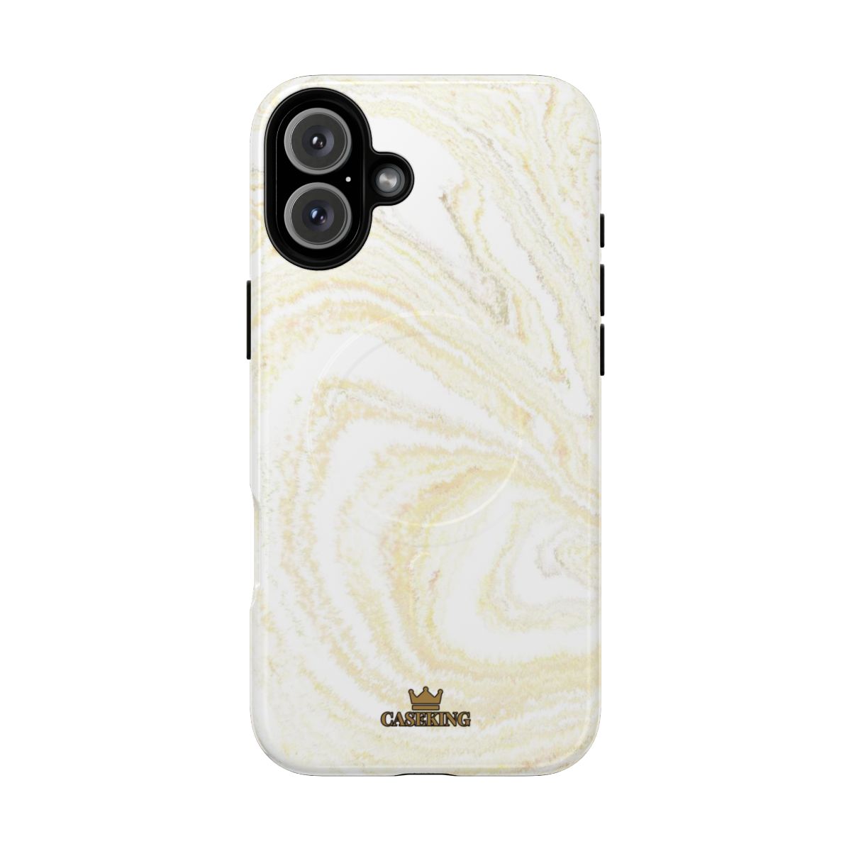 White & Gold Marble MagSafe-compatible tough case on iPhone 16 Plus, glossy finish