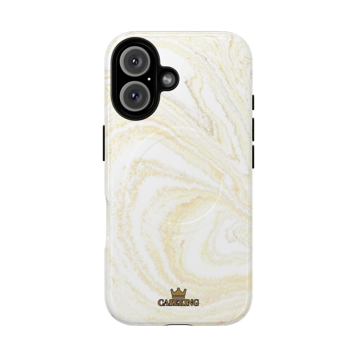 White & Gold Marble MagSafe-compatible tough case on iPhone 16, glossy finish