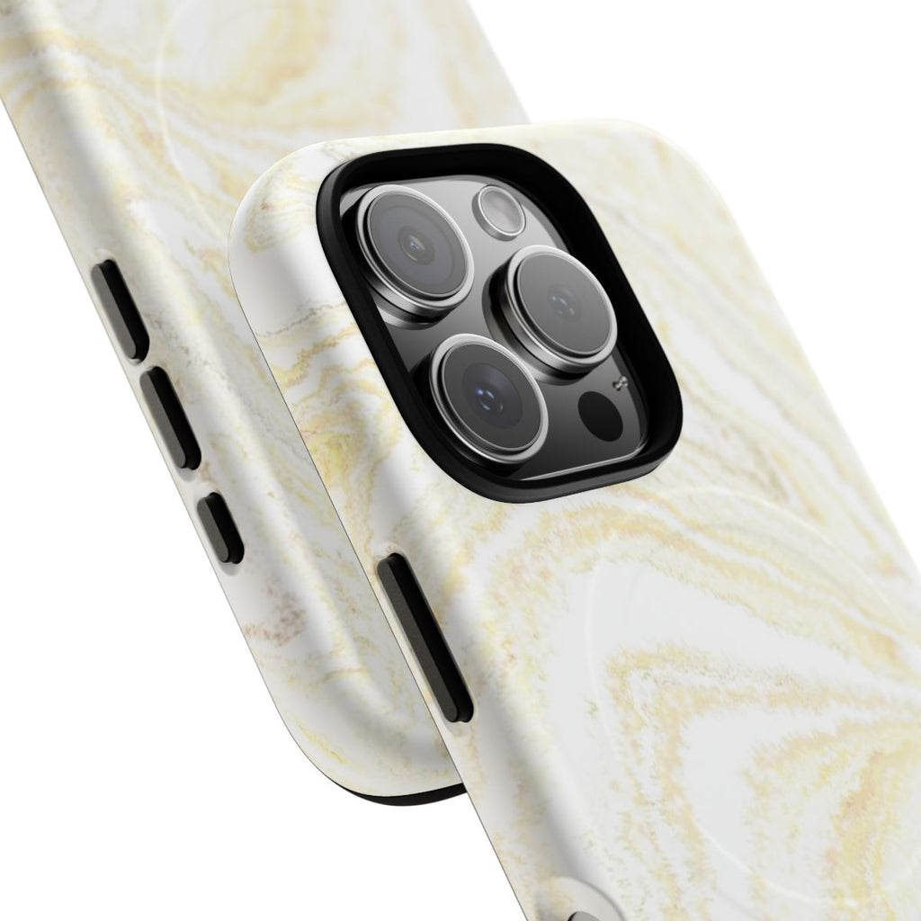 White & Gold Marble MagSafe-compatible tough case on iPhone 16 Pro, matte finish (close-up)