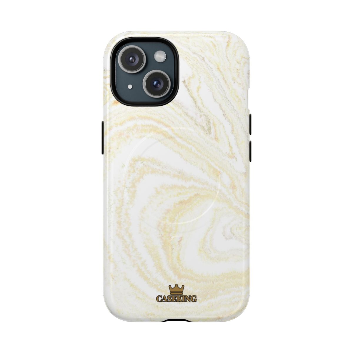 White & Gold Marble MagSafe-compatible tough case on iPhone 15, glossy finish