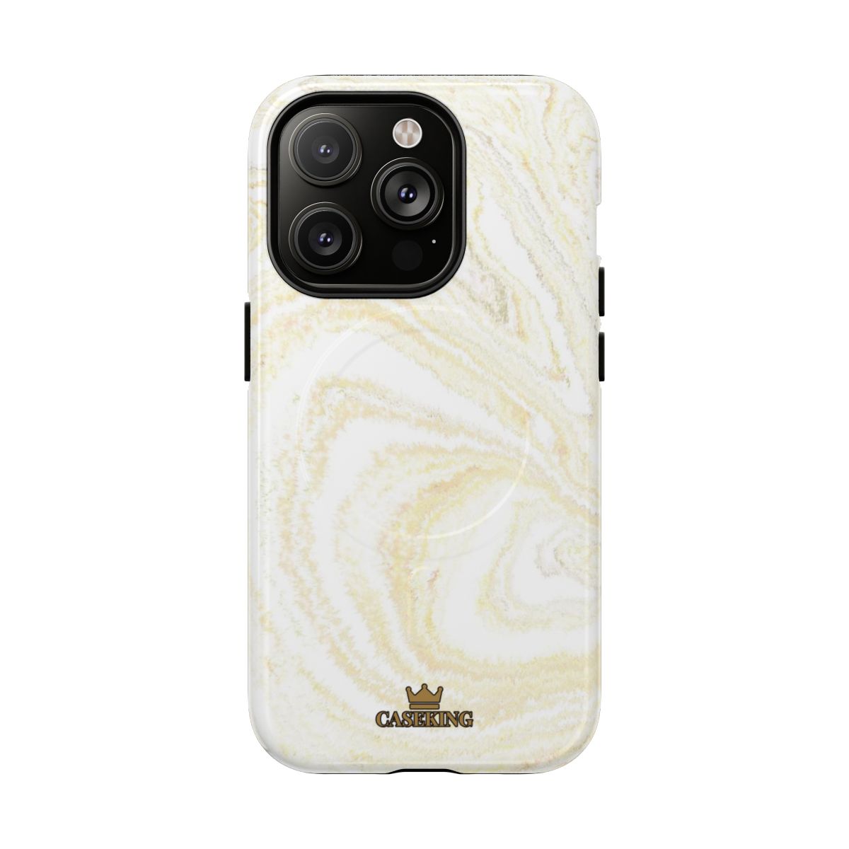 White & Gold Marble MagSafe-compatible tough case on iPhone 14 Pro, glossy finish