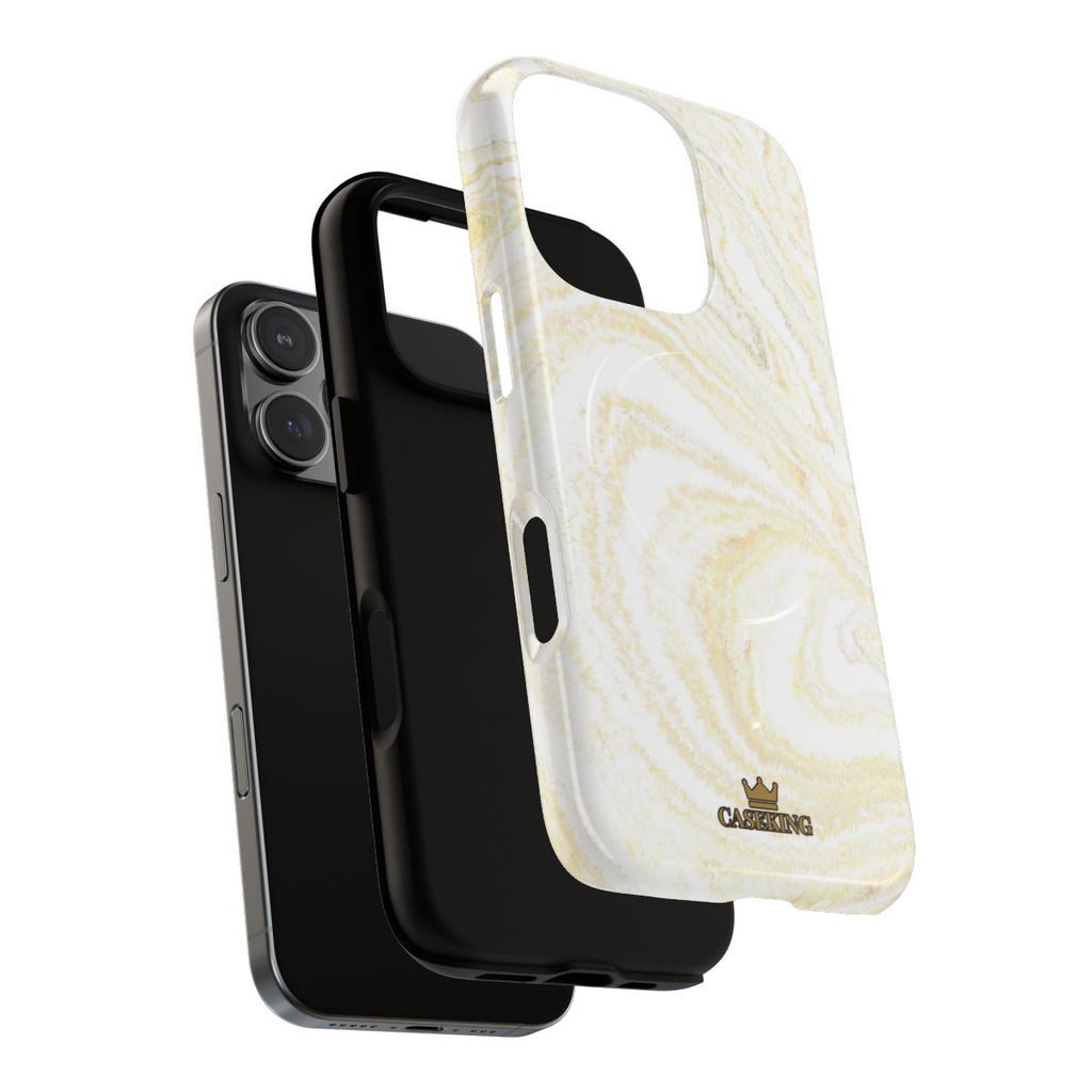 White & Gold Marble MagSafe-compatible tough case on iPhone 16 Pro, glossy finish (case layers)