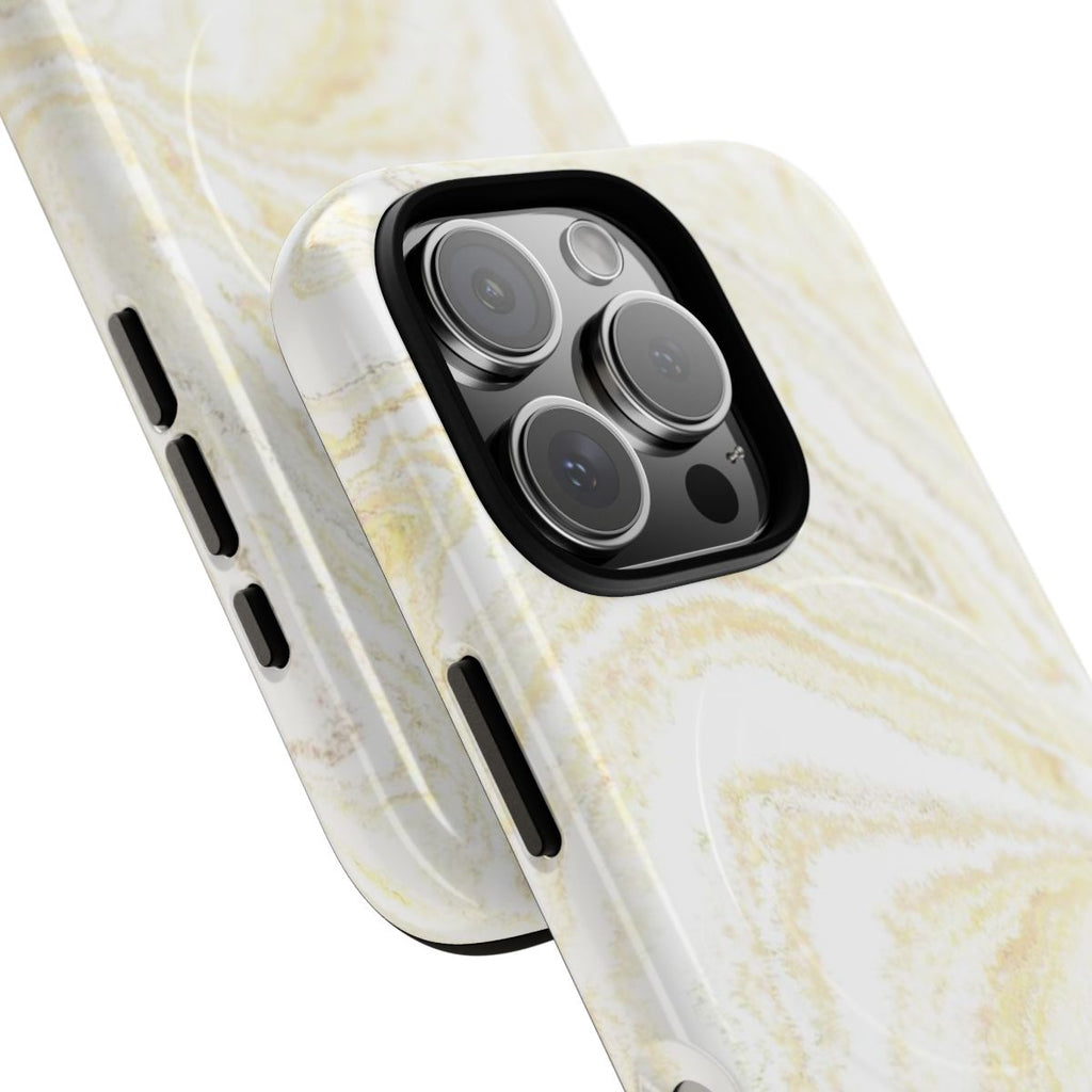 White & Gold Marble MagSafe-compatible tough case on iPhone 16 Pro, glossy finish (close-up)