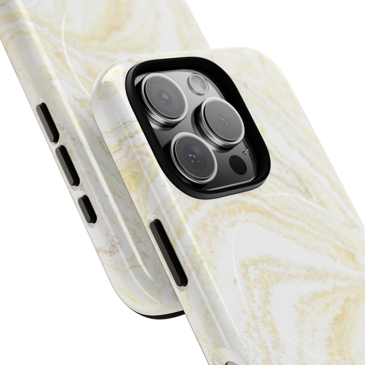 White & Gold Marble MagSafe-compatible tough case on iPhone 16 Pro, glossy finish (close-up)