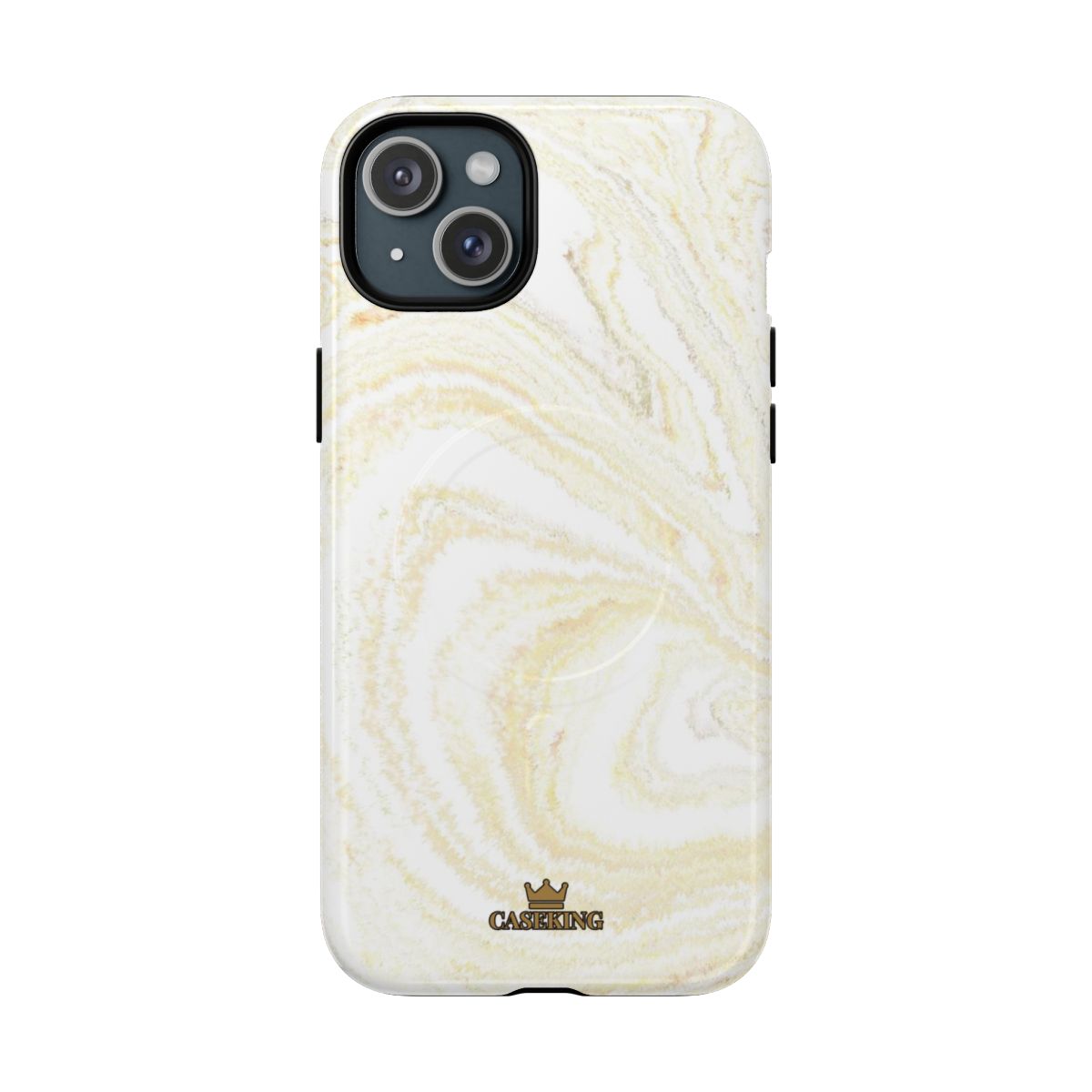 White & Gold Marble MagSafe-compatible tough case on iPhone 15 Plus, glossy finish