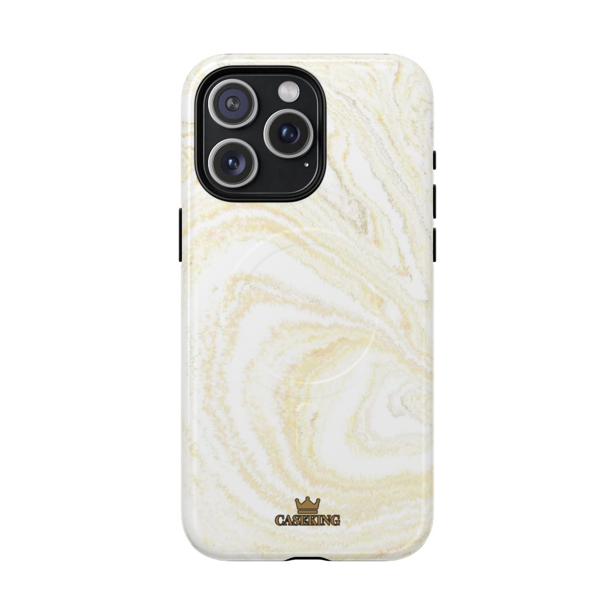 White & Gold Marble MagSafe-compatible tough case on iPhone 15 Pro Max, glossy finish