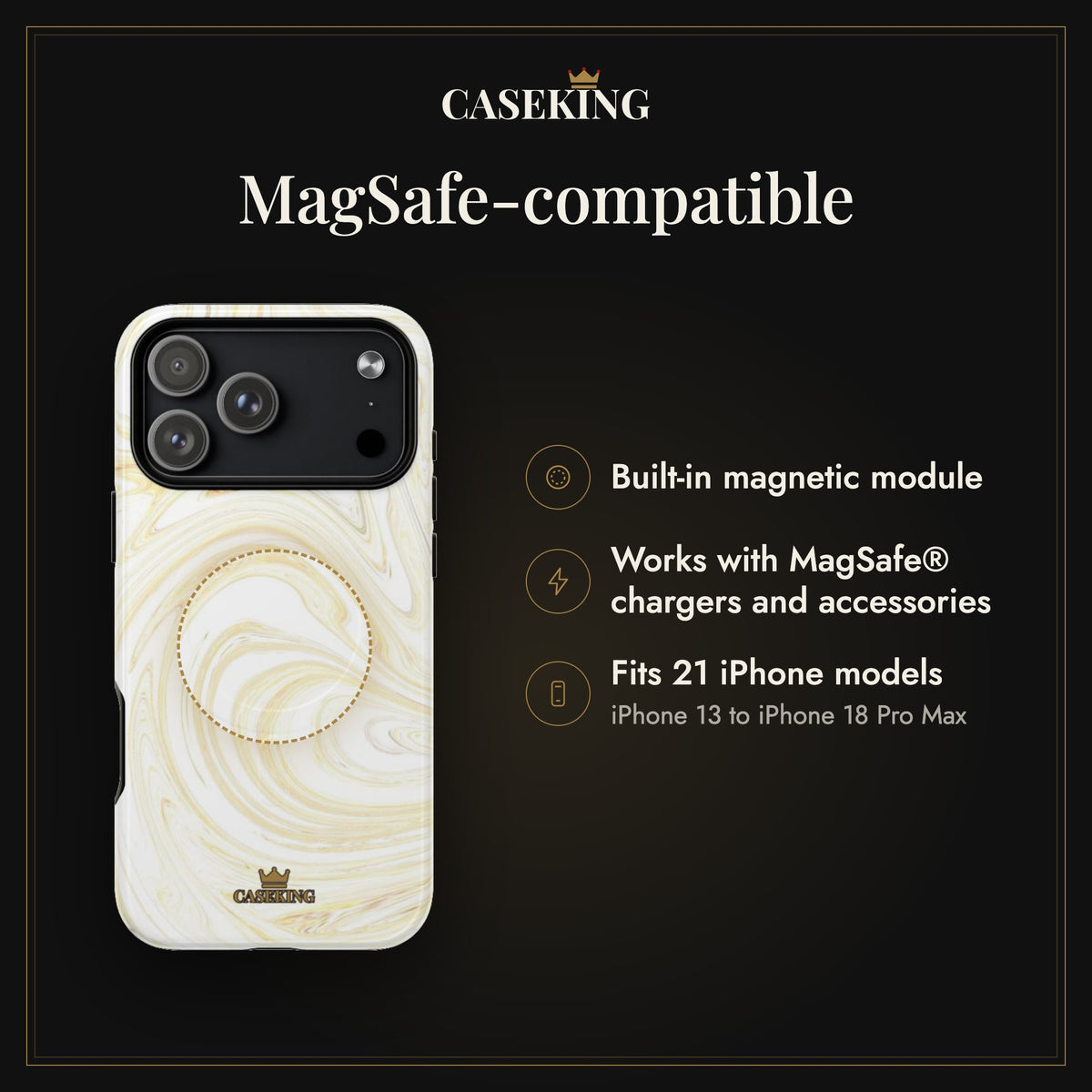 White & Gold Swirl MagSafe-compatible tough case infographic 2: MagSafe-compatible