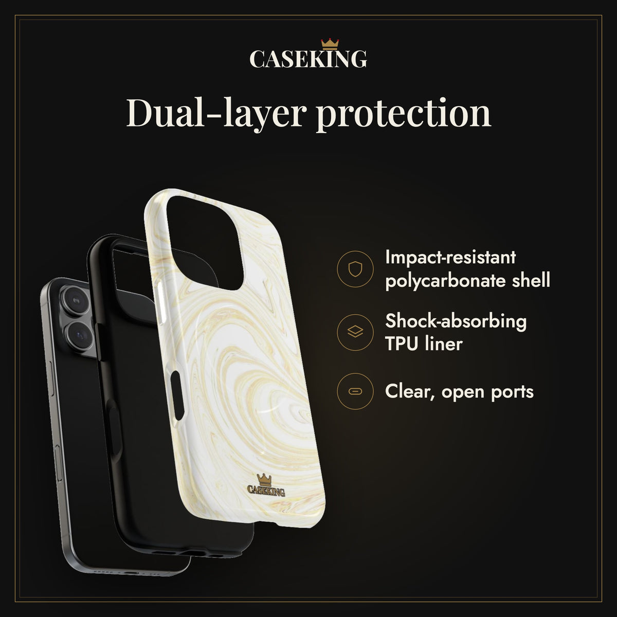 White & Gold Swirl MagSafe-compatible tough case infographic 3: Dual-layer protection