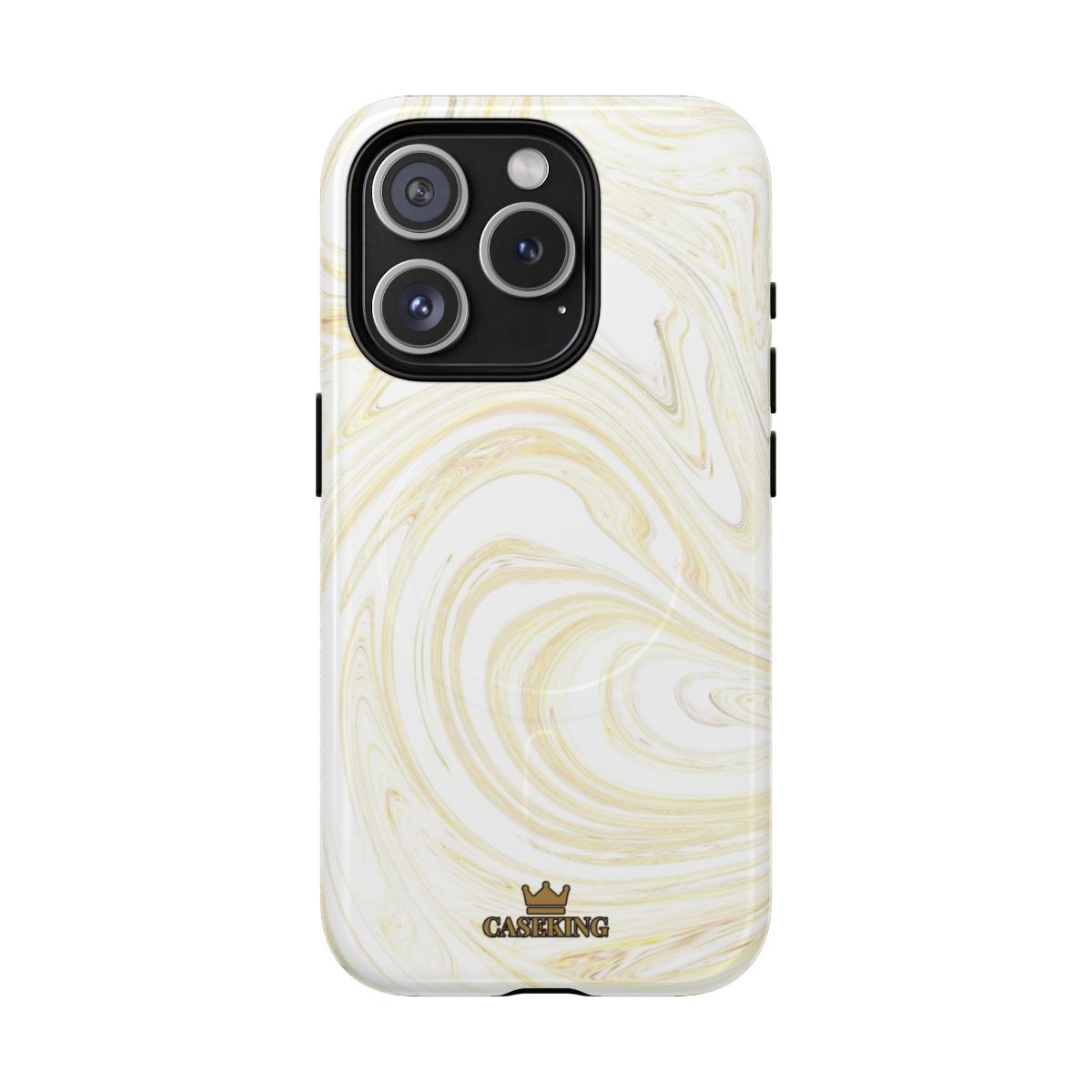 White & Gold Swirl MagSafe-compatible tough case on iPhone 15 Pro, glossy finish