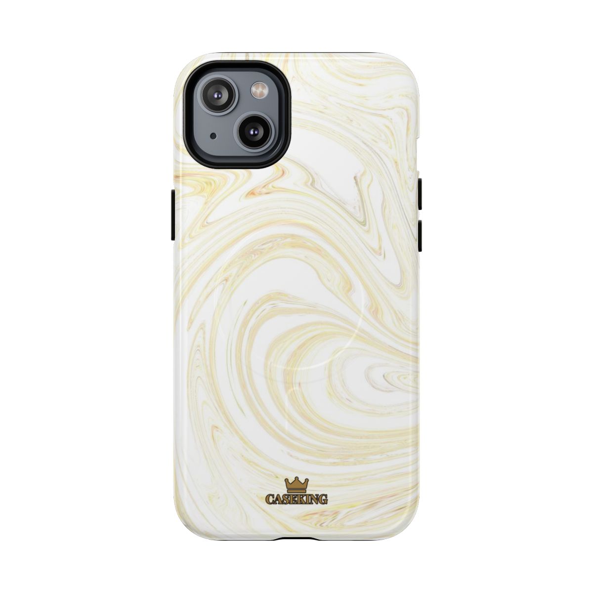 White & Gold Swirl MagSafe-compatible tough case on iPhone 14 Plus, glossy finish