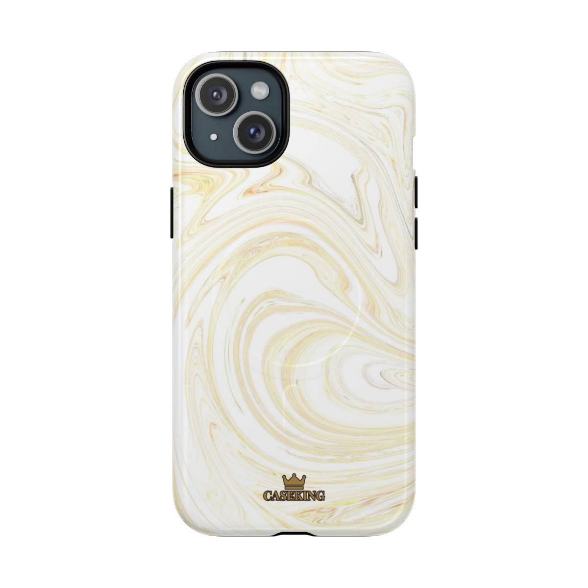 White & Gold Swirl MagSafe-compatible tough case on iPhone 15 Plus, glossy finish