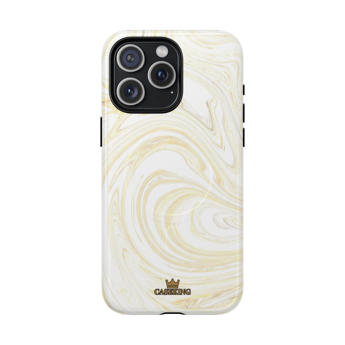 White & Gold Swirl MagSafe-compatible tough case on iPhone 15 Pro Max, glossy finish