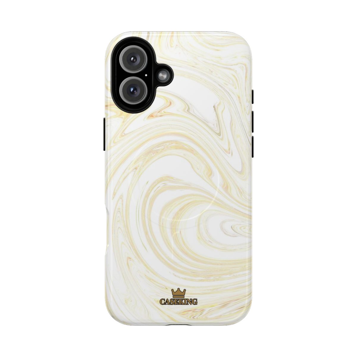 White & Gold Swirl MagSafe-compatible tough case on iPhone 16 Plus, glossy finish