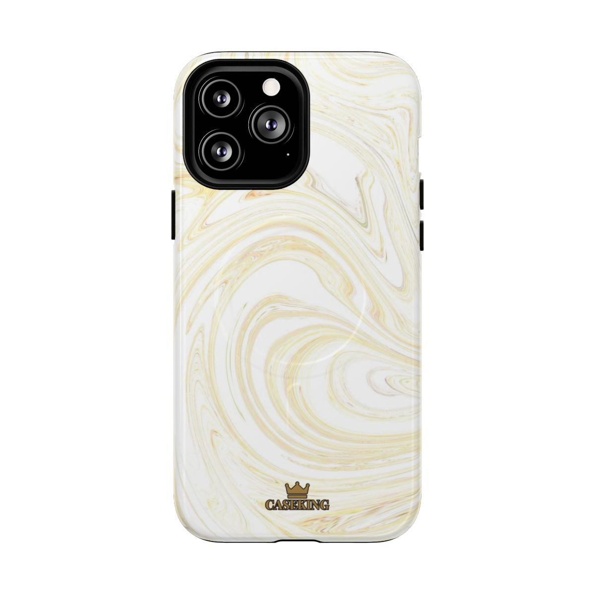White & Gold Swirl MagSafe-compatible tough case on iPhone 13 Pro Max, glossy finish