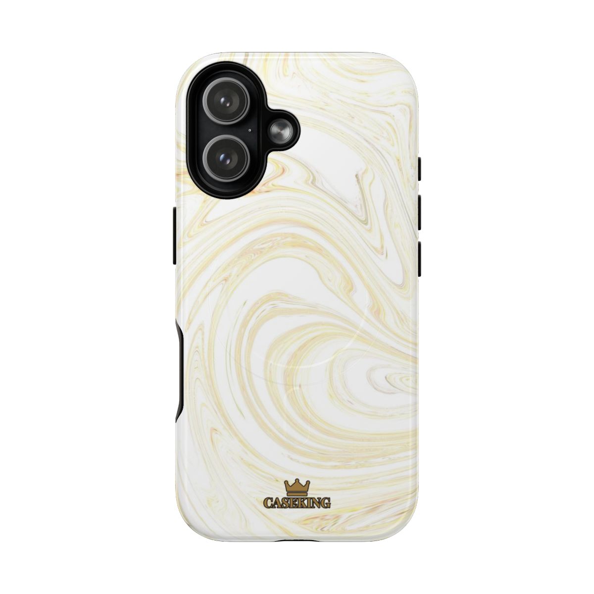 White & Gold Swirl MagSafe-compatible tough case on iPhone 17, glossy finish