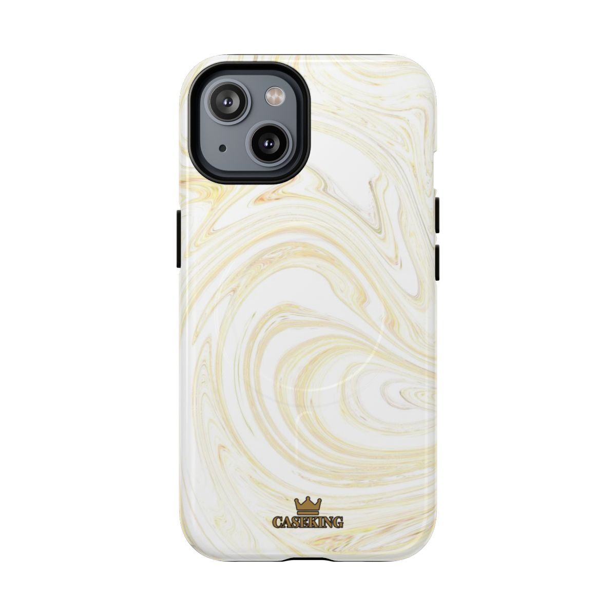 White & Gold Swirl MagSafe-compatible tough case on iPhone 14, glossy finish