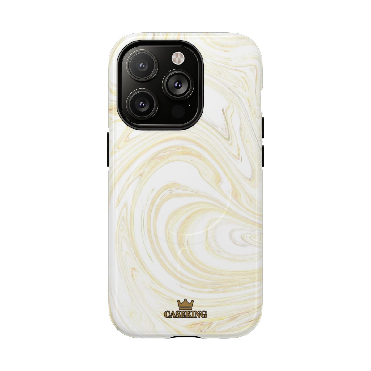 White & Gold Swirl MagSafe-compatible tough case on iPhone 14 Pro, glossy finish
