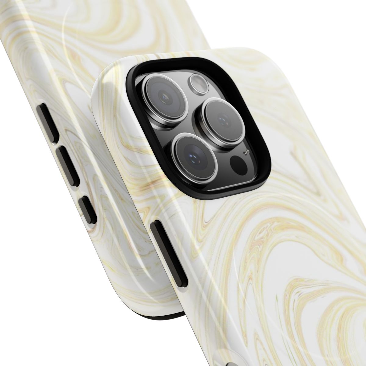 White & Gold Swirl MagSafe-compatible tough case on iPhone 16 Pro, glossy finish (close-up)
