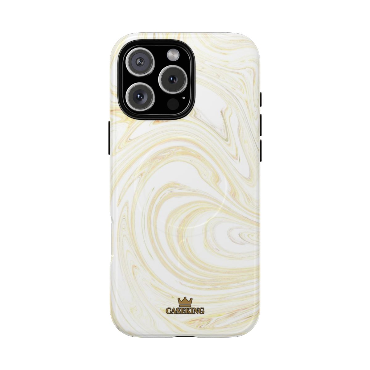 White & Gold Swirl MagSafe-compatible tough case on iPhone 16 Pro Max, glossy finish