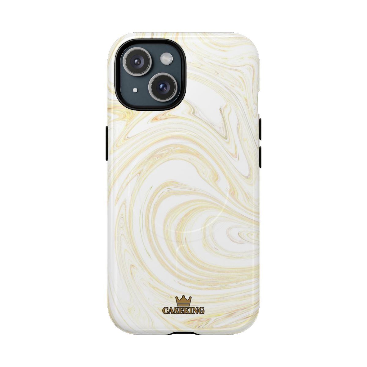 White & Gold Swirl MagSafe-compatible tough case on iPhone 15, glossy finish
