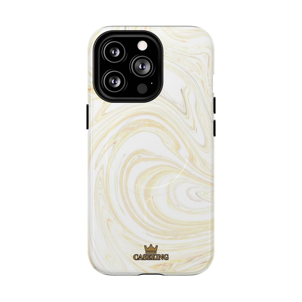 White & Gold Swirl MagSafe-compatible tough case on iPhone 13 Pro, glossy finish
