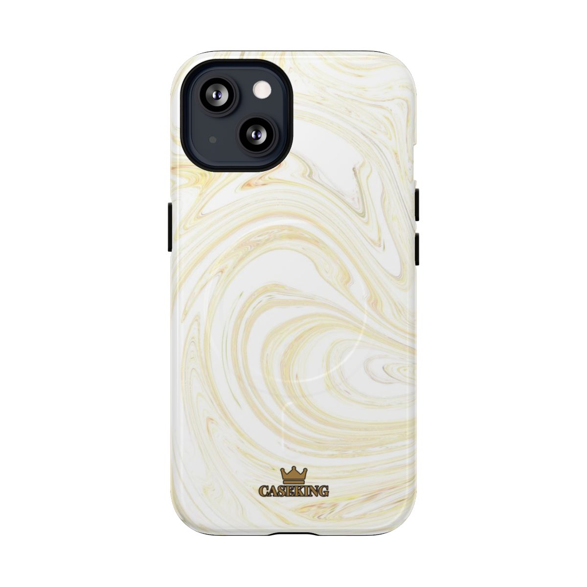 White & Gold Swirl MagSafe-compatible tough case on iPhone 13, glossy finish