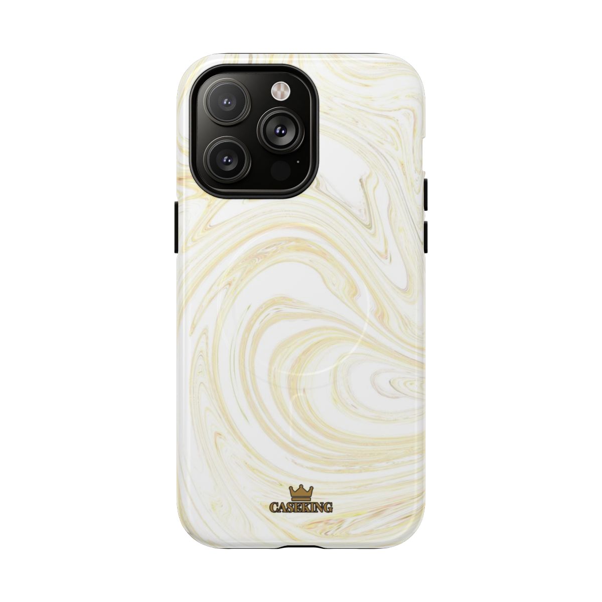 White & Gold Swirl MagSafe-compatible tough case on iPhone 14 Pro Max, glossy finish