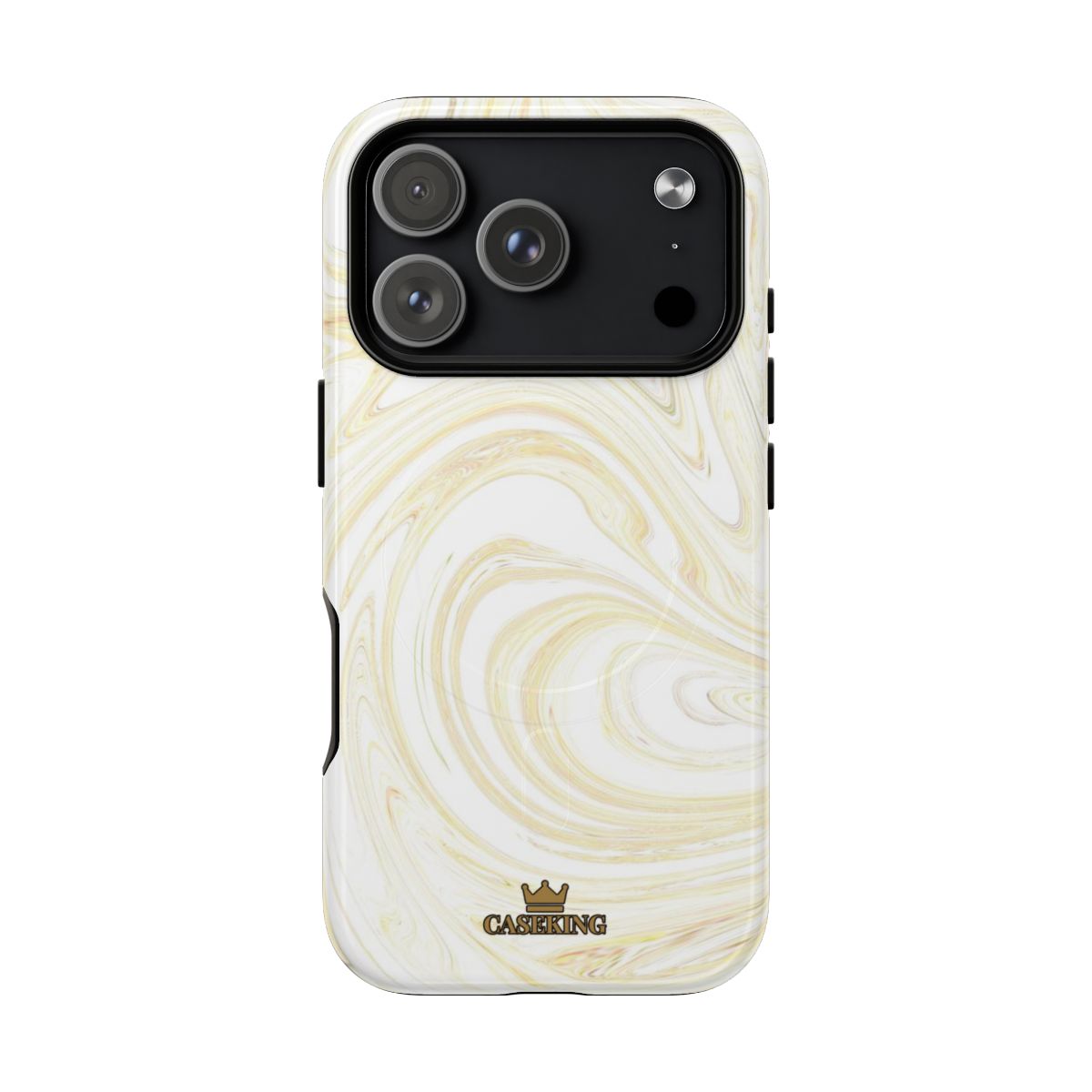 White & Gold Swirl MagSafe-compatible tough case on iPhone 18 Pro, glossy finish